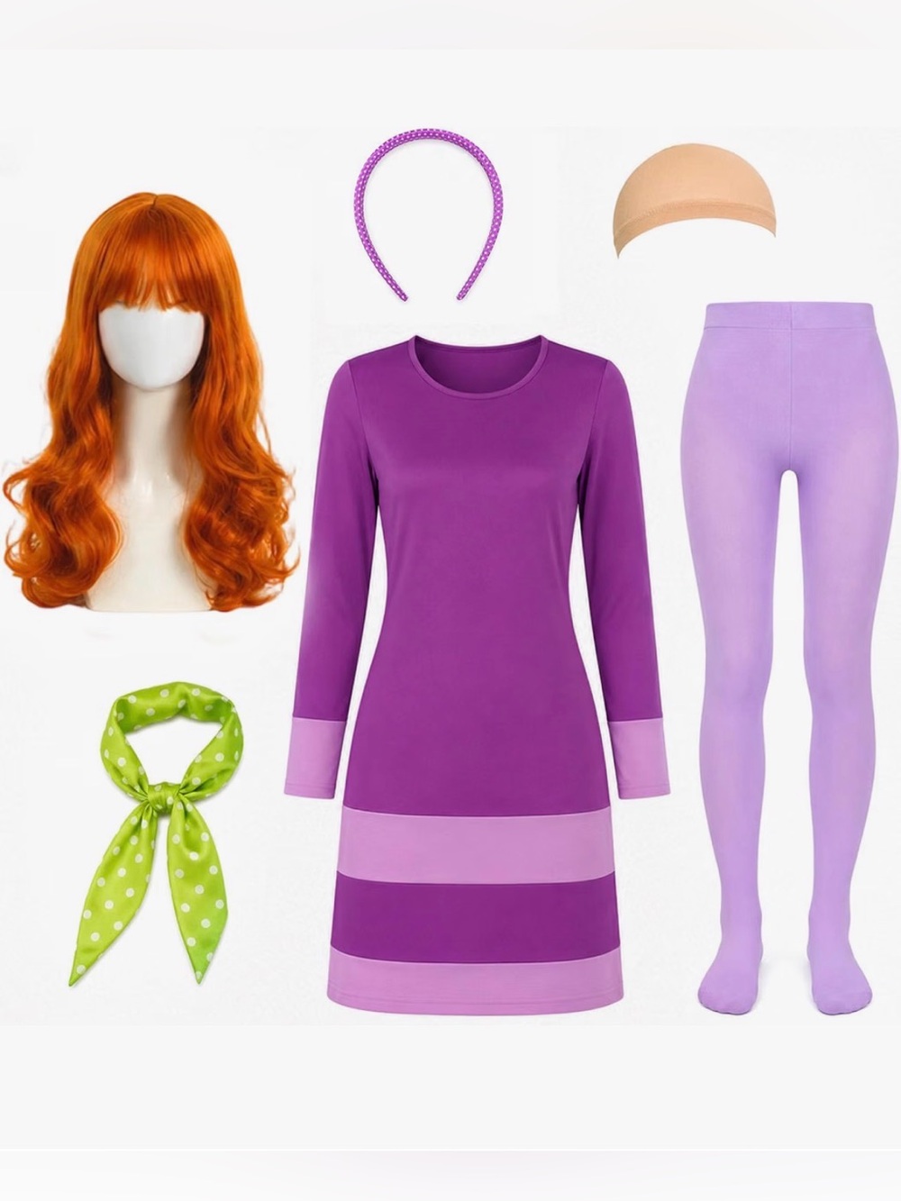 6PCS Girls Halloween Costume Purple Dress with Wig and Scarf, size 6-7 years